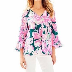Lilly Pulitzer 100% Rayon Blue & Hot Pink Floral‎ Willa Flounce Sleeve Shirt XS
